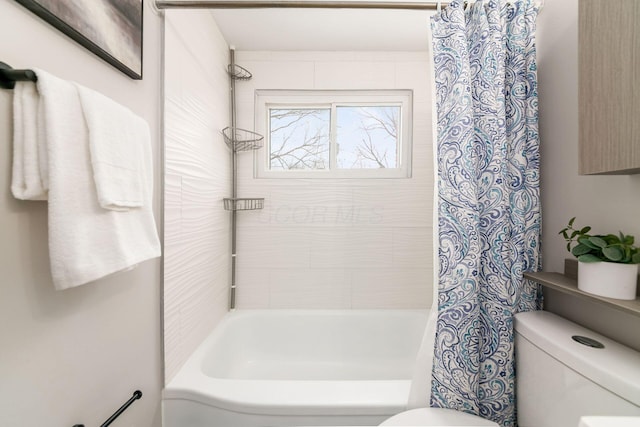 bathroom with toilet and shower / bath combination with curtain