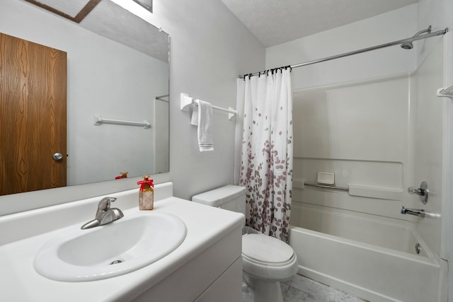 full bathroom with toilet, a textured ceiling, shower / tub combo, and vanity