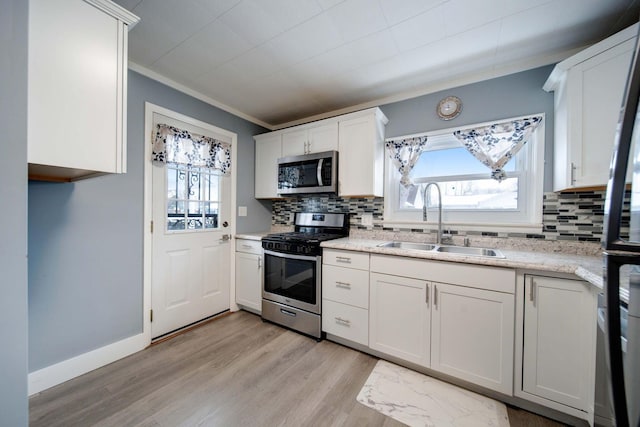 kitchen with white cabinetry, light hardwood / wood-style floors, stainless steel appliances, backsplash, and sink