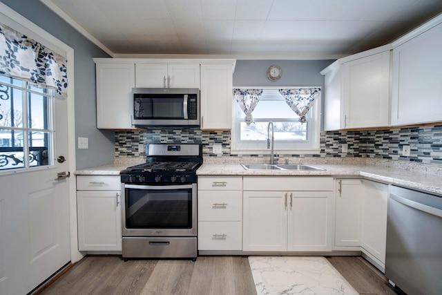 kitchen featuring white cabinetry, stainless steel appliances, light stone countertops, ornamental molding, and sink