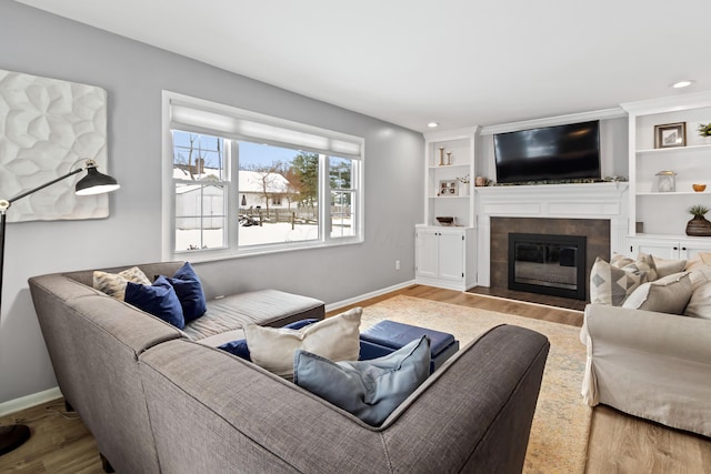 living room with built in features and hardwood / wood-style flooring