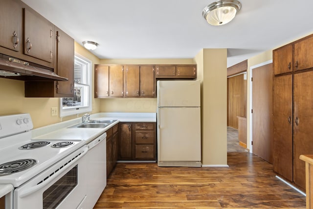 kitchen with dark hardwood / wood-style flooring, sink, and white appliances