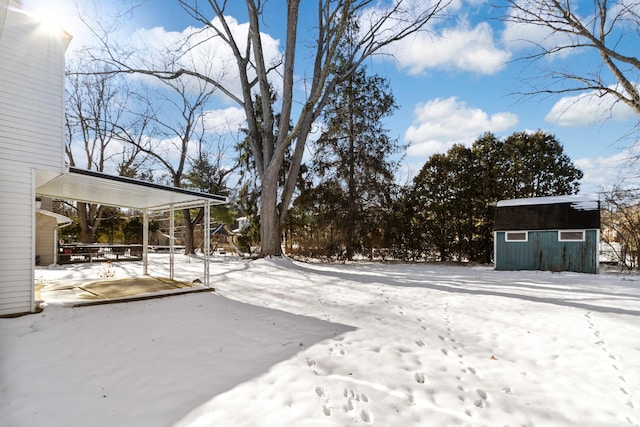 yard covered in snow with a storage unit