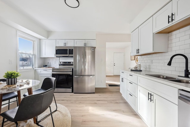 kitchen featuring appliances with stainless steel finishes, sink, white cabinets, and decorative backsplash