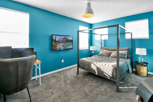 bedroom featuring carpet flooring, a textured ceiling, and multiple windows