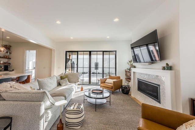 living room featuring a premium fireplace