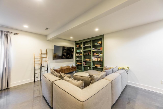 living room with beam ceiling