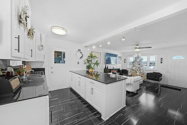 kitchen with white cabinets, ceiling fan, a textured ceiling, and sink