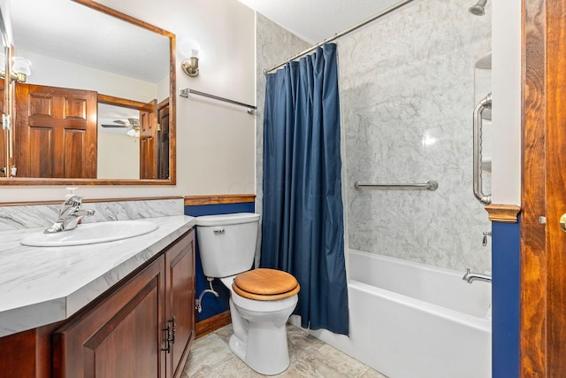 full bathroom with toilet, ceiling fan, shower / bathtub combination with curtain, and vanity