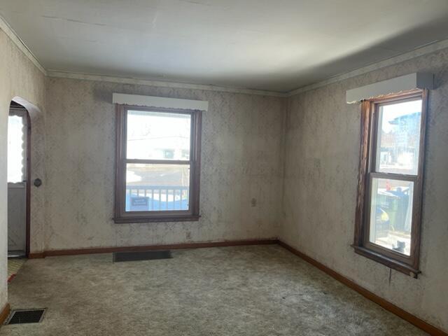 carpeted spare room with crown molding