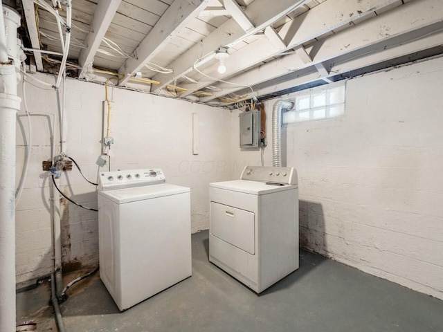 clothes washing area featuring washer and dryer and electric panel