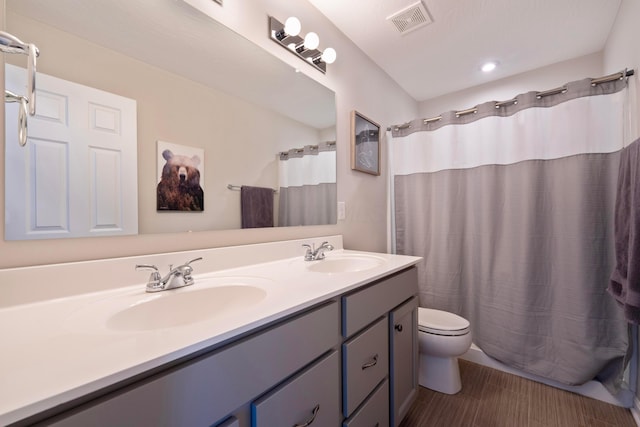 bathroom featuring curtained shower, toilet, and vanity