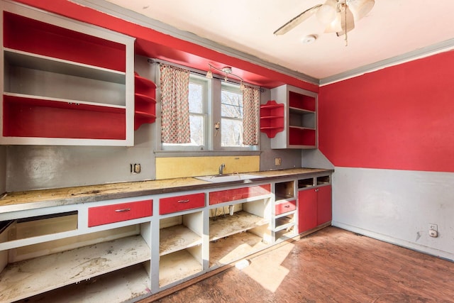 kitchen featuring hardwood / wood-style flooring, ceiling fan, ornamental molding, and sink