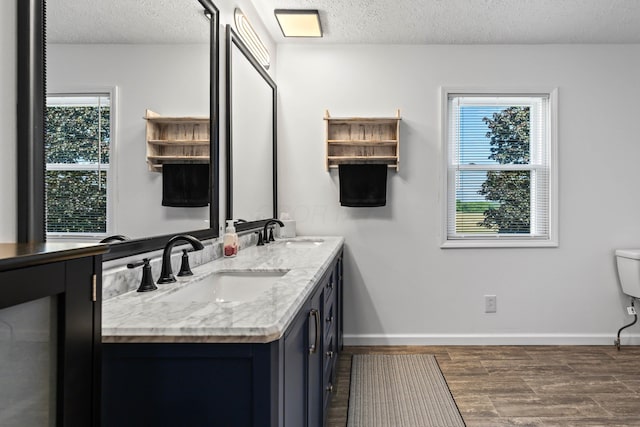 bathroom featuring hardwood / wood-style floors, a textured ceiling, a healthy amount of sunlight, and vanity