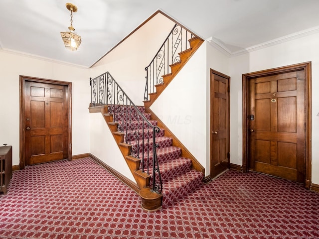 carpeted foyer entrance featuring ornamental molding