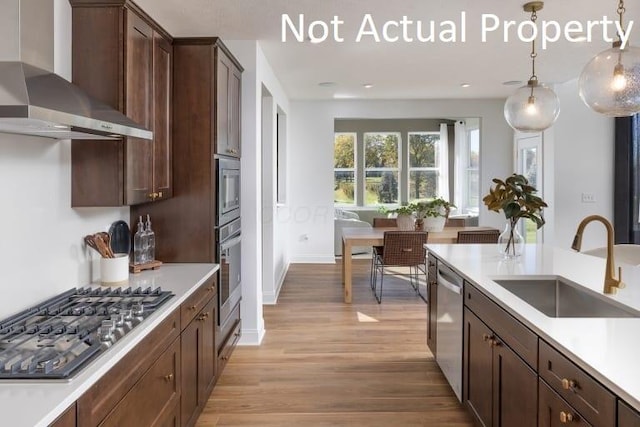 kitchen with wall chimney exhaust hood, light hardwood / wood-style flooring, pendant lighting, appliances with stainless steel finishes, and sink