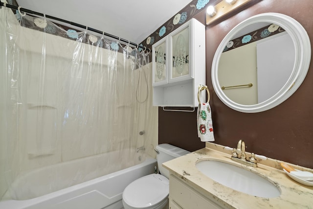 full bathroom with shower / tub combo, vanity, and toilet