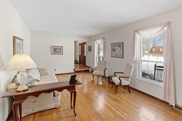 living room featuring a textured ceiling, light wood-type flooring, and a healthy amount of sunlight