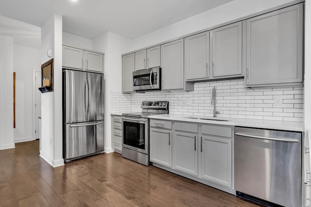 kitchen featuring decorative backsplash, sink, gray cabinetry, and stainless steel appliances