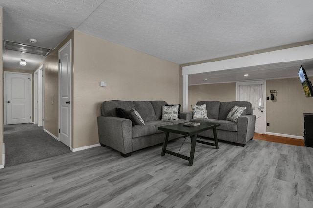 living room with a textured ceiling and light wood-type flooring