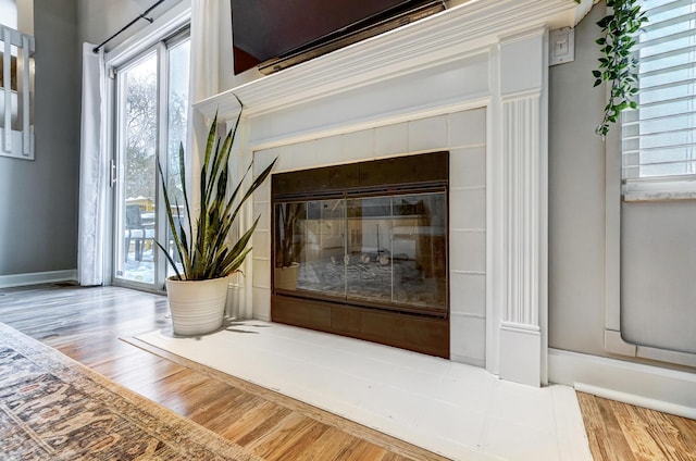 details featuring a fireplace and hardwood / wood-style floors