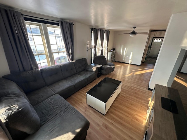 living room with ceiling fan and wood-type flooring