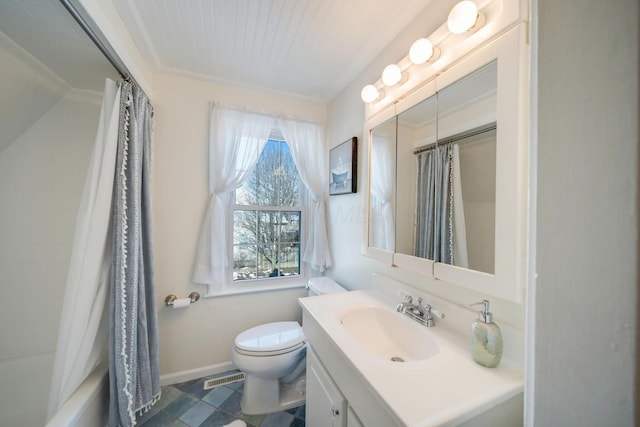 full bathroom featuring shower / bath combination with curtain, crown molding, vanity, and toilet