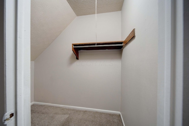 walk in closet with lofted ceiling and carpet