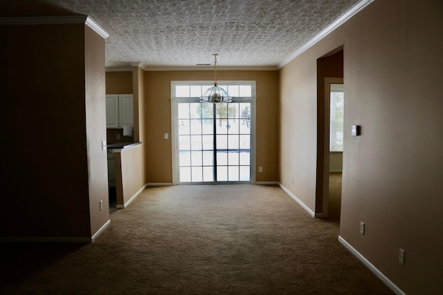 unfurnished dining area featuring carpet flooring and ornamental molding