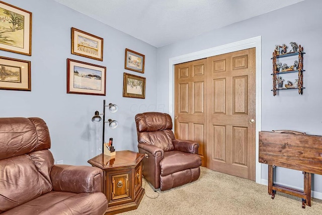 sitting room with light colored carpet