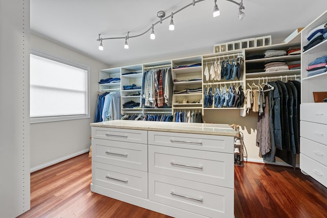 spacious closet with dark wood-type flooring