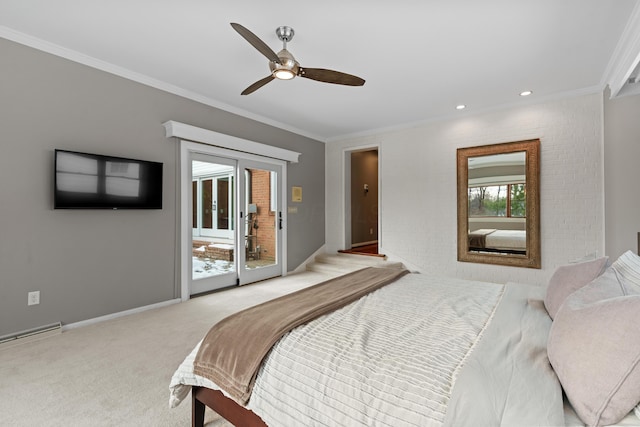 bedroom featuring multiple windows, light carpet, access to outside, ceiling fan, and crown molding