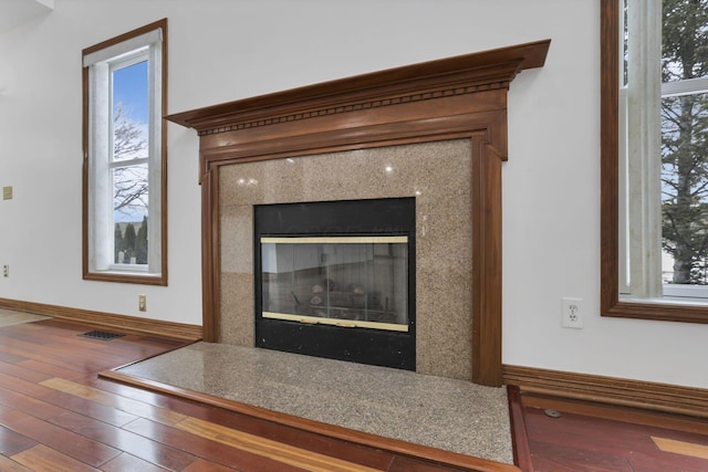 details with hardwood / wood-style flooring and a fireplace