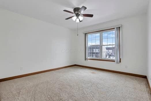 unfurnished room with baseboards, ceiling fan, and carpet flooring