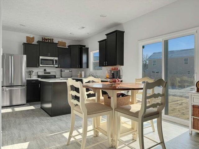 kitchen with a center island, stainless steel appliances, dark cabinetry, and light countertops