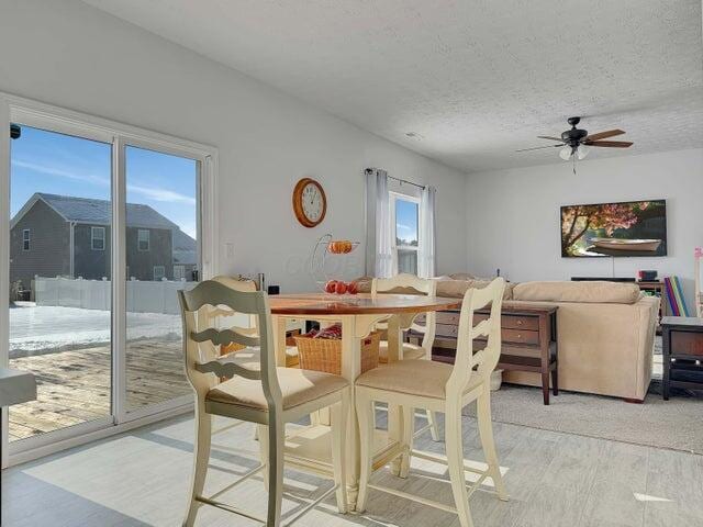 dining area with a textured ceiling, ceiling fan, and light wood-style floors