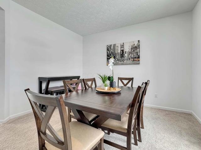 dining area with a textured ceiling, baseboards, and light colored carpet