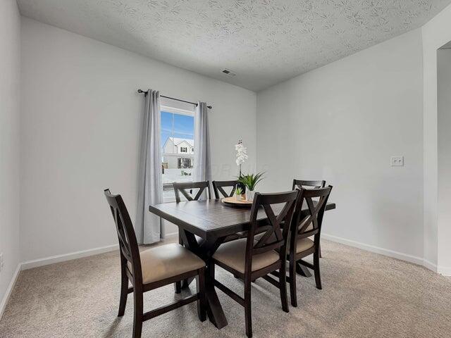 dining room featuring visible vents, light colored carpet, a textured ceiling, and baseboards