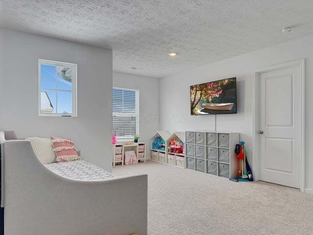 game room featuring carpet and a textured ceiling