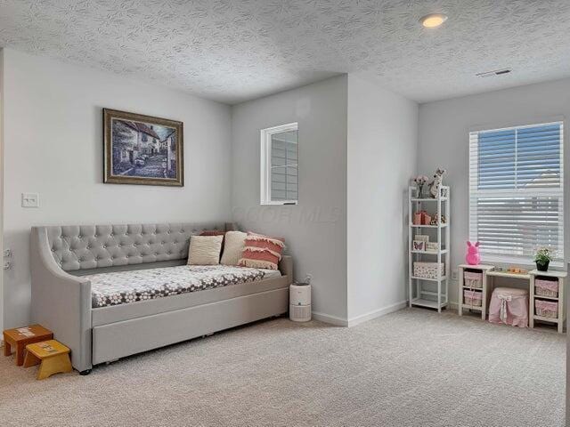 living area featuring visible vents, a textured ceiling, baseboards, and carpet flooring