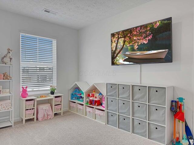 rec room with a textured ceiling, carpet, visible vents, and baseboards