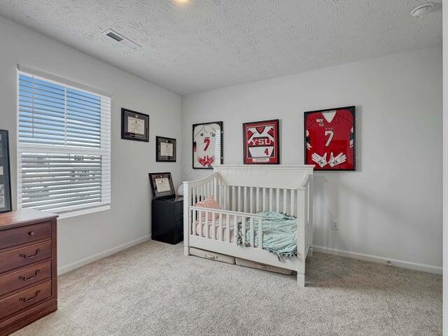 carpeted bedroom with visible vents, a textured ceiling, and baseboards