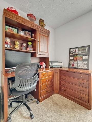 carpeted office with a textured ceiling