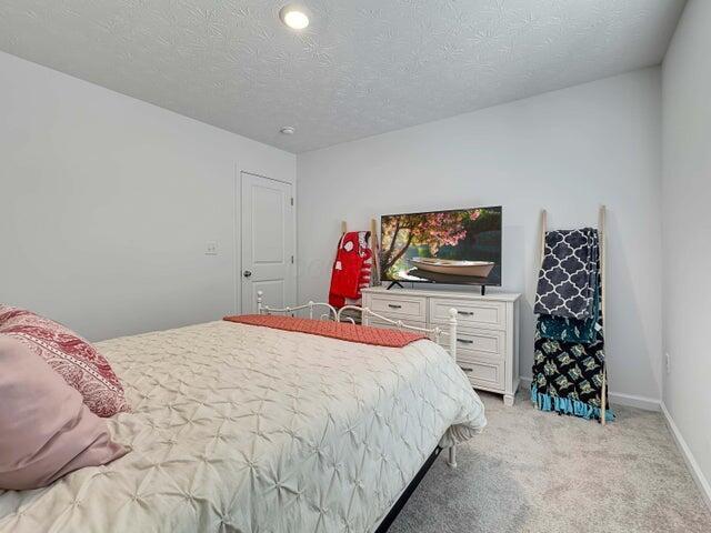 bedroom featuring light carpet, a textured ceiling, and baseboards