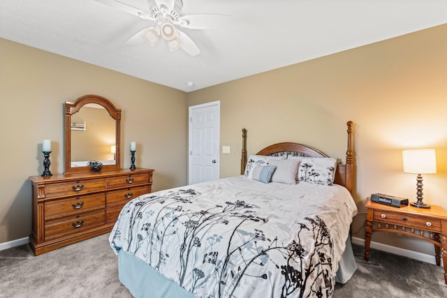 bedroom with light colored carpet and ceiling fan