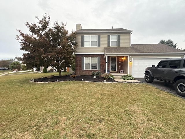 front of property with a front lawn and a garage