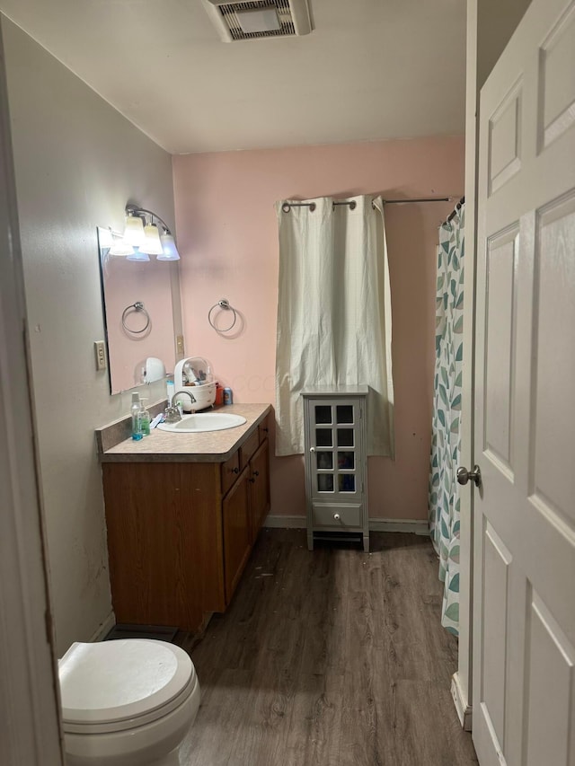 bathroom featuring toilet, vanity, and wood-type flooring