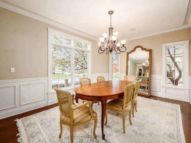 dining area with a chandelier, plenty of natural light, ornamental molding, and dark hardwood / wood-style floors