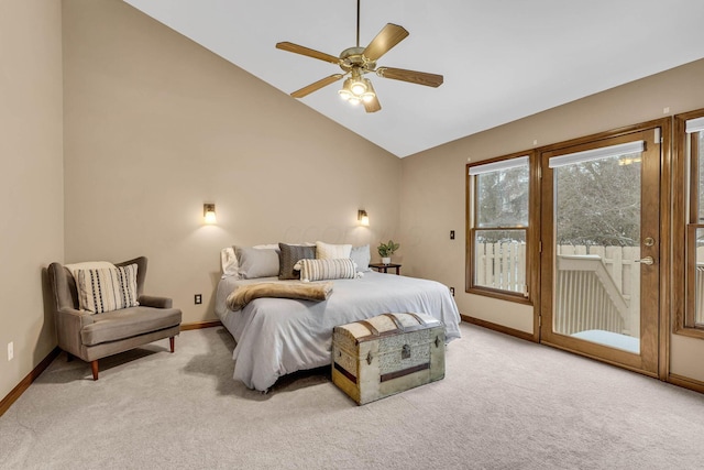 bedroom featuring vaulted ceiling, ceiling fan, access to exterior, and light carpet