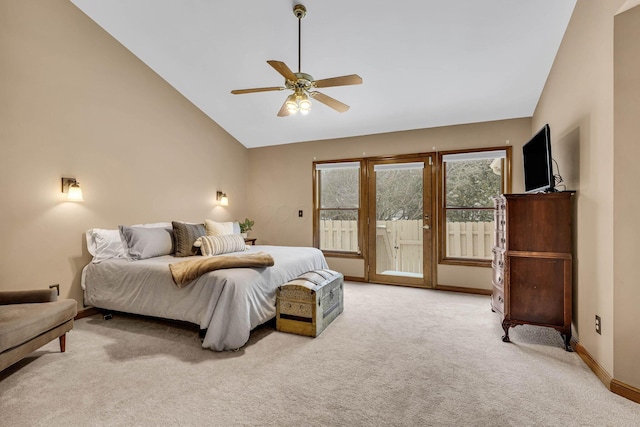 bedroom with ceiling fan, light colored carpet, lofted ceiling, and access to outside